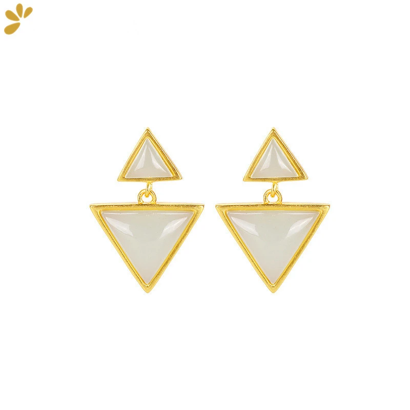 

925 Sterling Silver Jewelry Gold Plated Triangle Hetian Jade Stud Earrings for Women Simple Geometric Earring Fashion Cute Gift