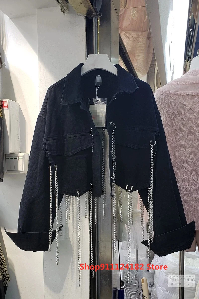 

New Spring New Loose and Thin Lapel Long Sleeve Heavy Industry Chain Decoration Short Denim Jacket Female Trend