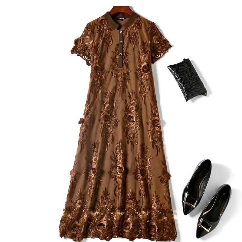 

Vestidos 4XL Dress 2021 Spring Summer Plus Size Clothing Women Allover Exquisite Embroidery Short Sleeve Mid-Calf Dress 50s 60s