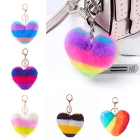 trendy lovely pom pom heart keychain holder colorful tassel plush fluffy faux mink fur key chain adorable bag charms key ring
