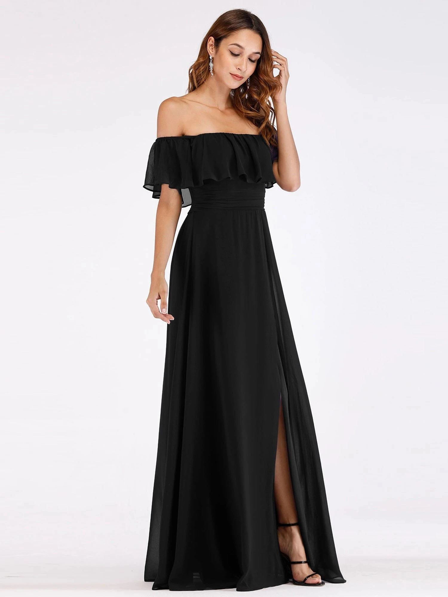 

Black Evening Dresses For Women Party Ever Pretty EP00968 Women's Off Shoulder Ruffle Thigh Split Formal Gown Plus Size