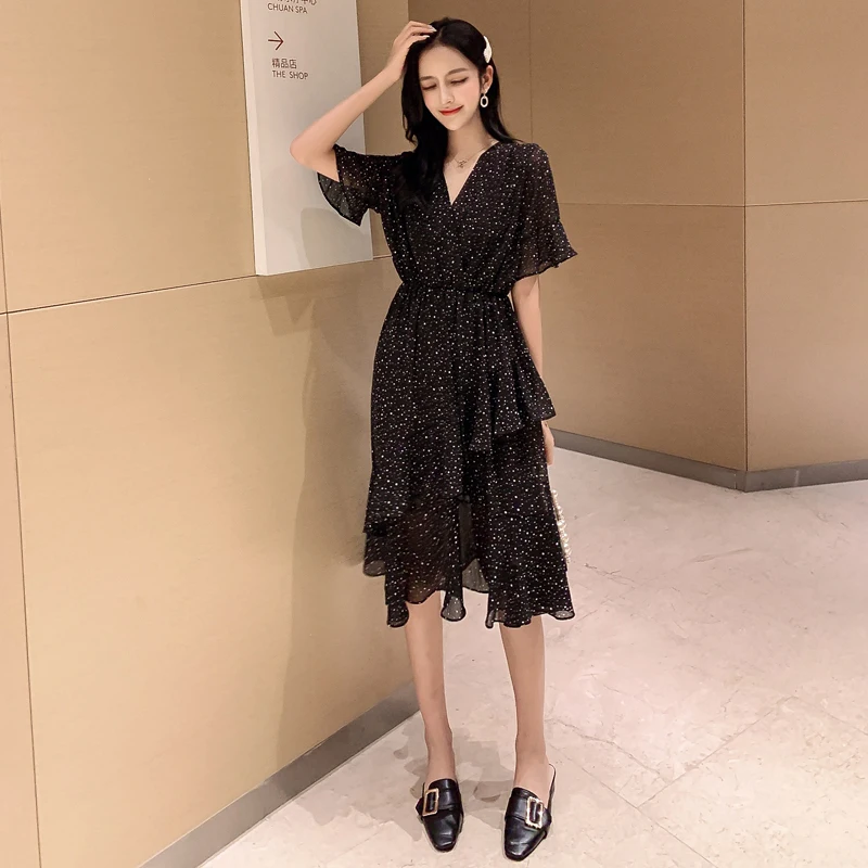 Женское винтажное шифоновое платье с v-образным вырезом коротким рукавом и