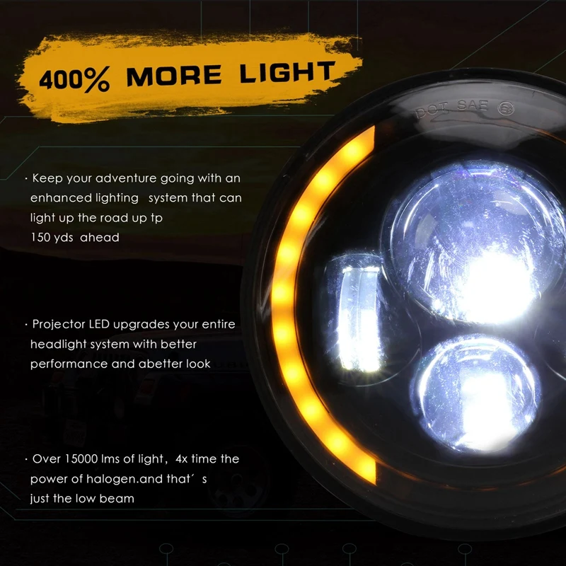 

140W/200W 7''Inch LED Headlight Round Head Light High Low Beam DRL Amber Turn Signal Angel eyes Lamp For Jeep Wrangler JK LJ TJ