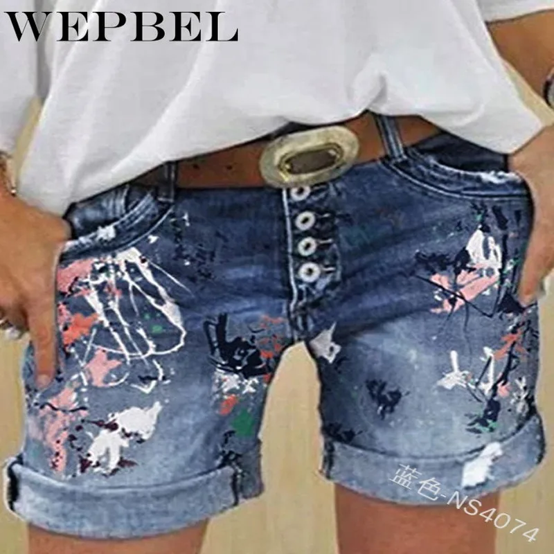 

WEPBEL Casual Straight Vintage Denim Short Pants Denim Shorts Women Summer Print Short Denim Jeans