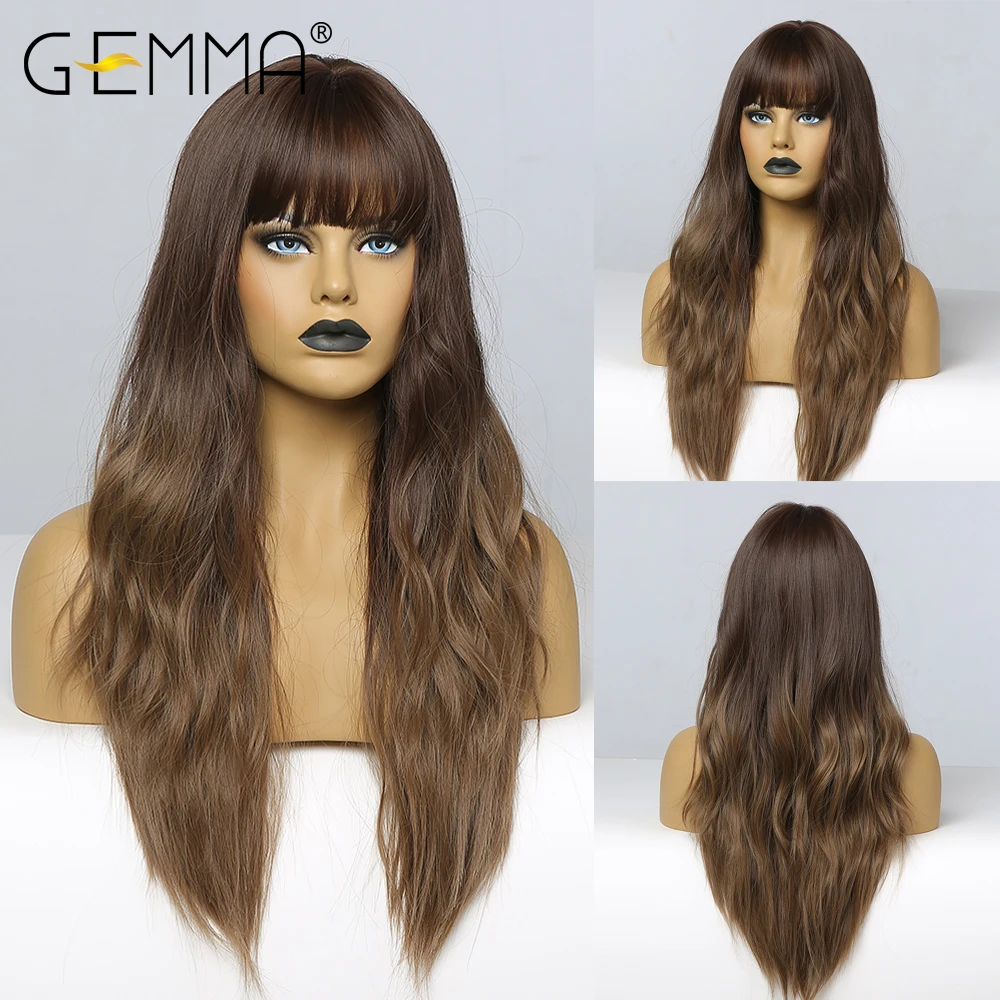 

GEMMA Long Wavy Brown Women's Wigs with Bangs Cosplay Heat Resistant Synthetic Wigs for Black Women African Natural Daily Hair