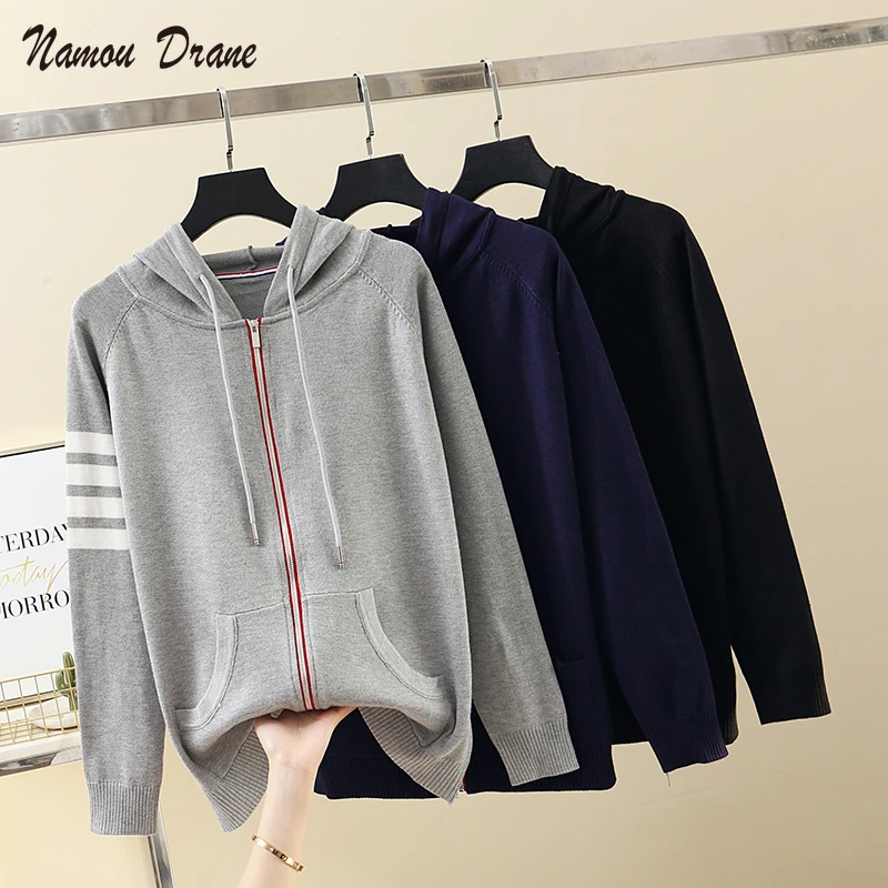 

Namou Drane 2021 New Spring and Autumn New Loose Hooded Zipper Wind Couple Striped Sweater Cardigan Sweater Hoodie Women