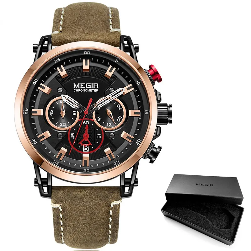 ML2085G-Brown-Rose Megir кварцевые часы с кожаным ремешком для отдыха для мужчин, 24 часа, хронограф, 3 АТМ, водонепроницаемые армейские спортивные наручные часы, Relogios 2085Rose - Цвет: ML2085G-Brown-Rose