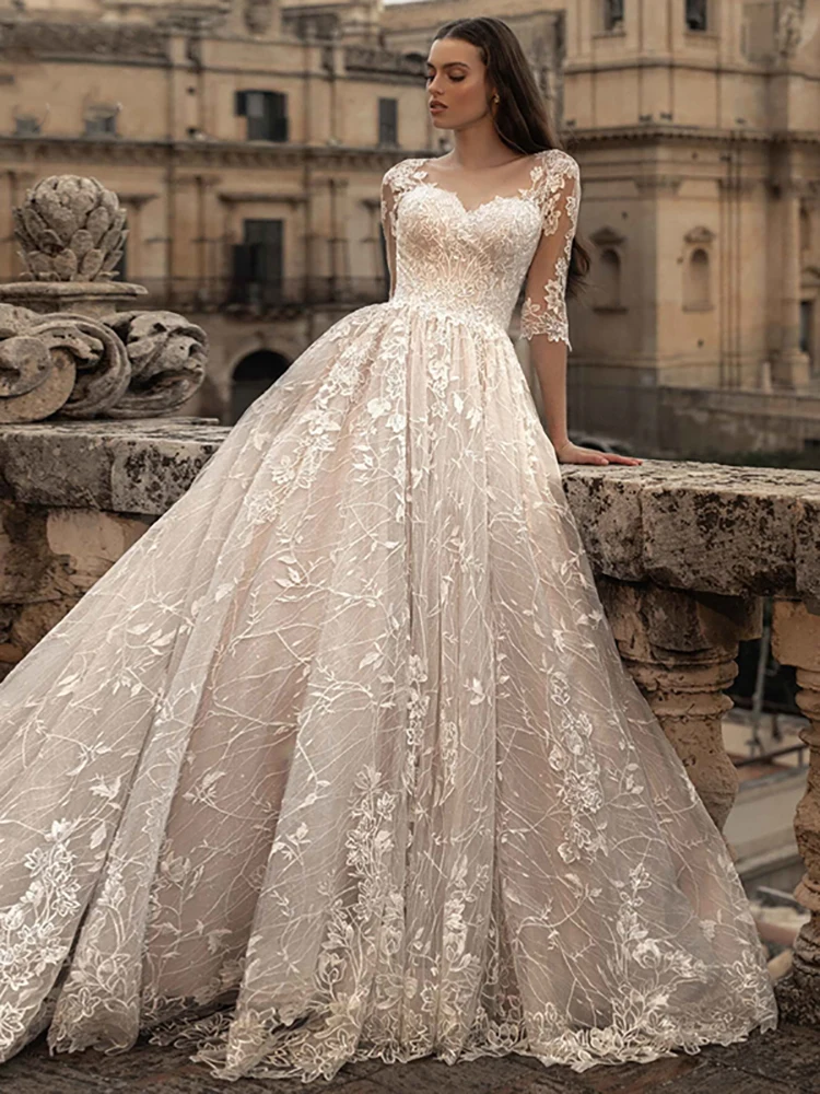 

Luxury And Elegant Vintage Wedding Lace Sexy Illusion Applique And Half Sleeve Church A Line Bridal Gown Custom Large Size
