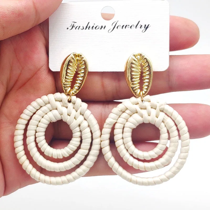 Модные деревянные вязаные висячие серьги из ротанга металлический корпус