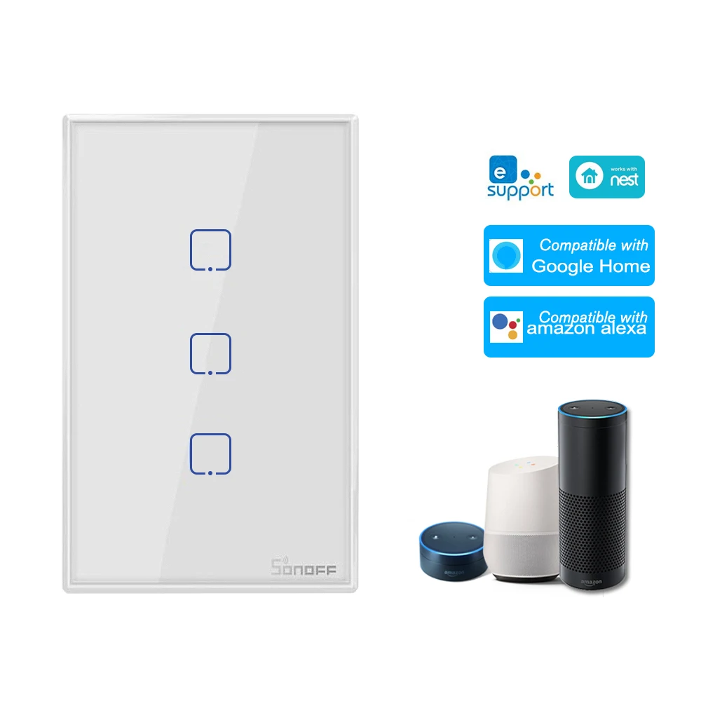 

Умный настенный выключатель света SONOFF T0US3C-TX, 3 комплекта, США, Wi-Fi, приложение/сенсорное управление, таймер, умный переключатель для Google Home/Nest ...