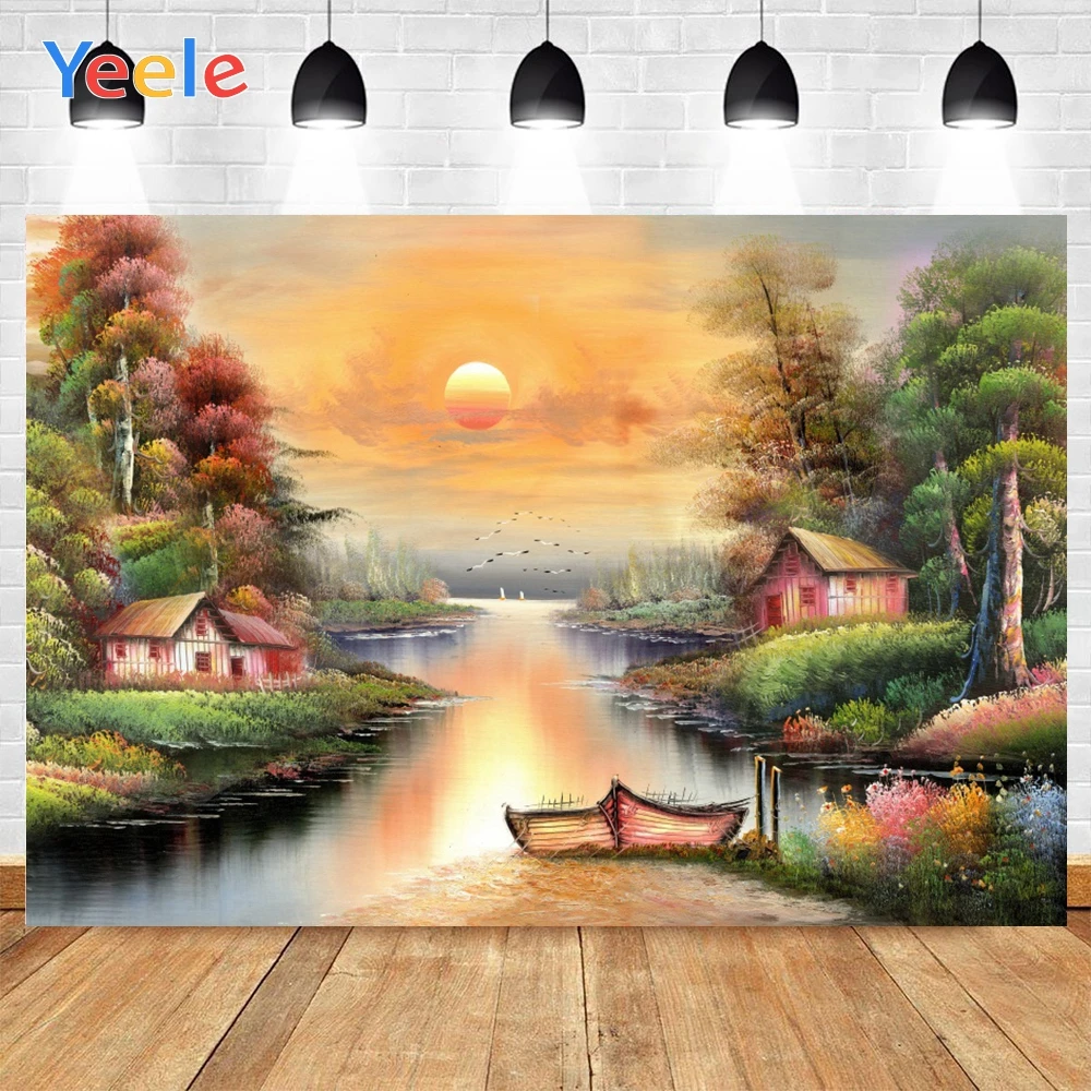 Фон для фотосъемки Yeele пейзаж закат золотое небо деревья дома и птицы прозрачная