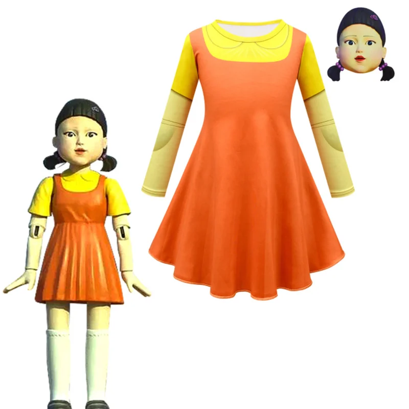 

ТВ игра кальмар круглый шесть косплей костюмы Хэллоуин 123 деревянный человек Девочка игра платье Взрослый Рождественская одежда