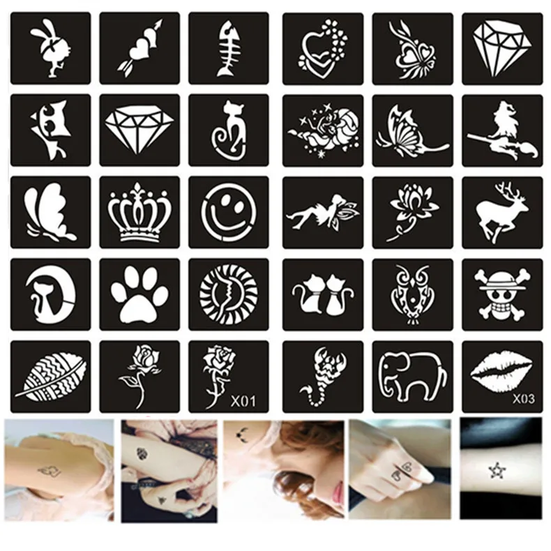 

30pcs/set Henna Stencils Butterfly Lip Rose Cat Airbrush Tattoo Stencil Kids Women Tatuaz Pochoir Glitter Szablony Do Malowania