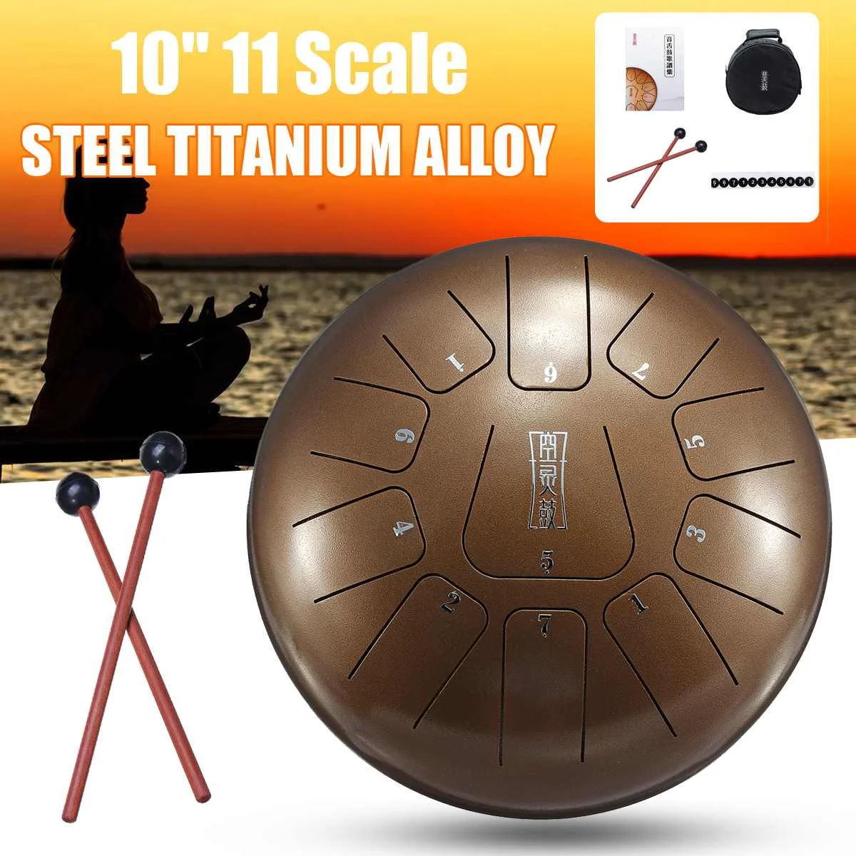 

10'' 11 Scale Bronze Steel Titanium Alloy Tongue Drum Musical Instrument for Beginner Adult Children Enlightenment Instrument
