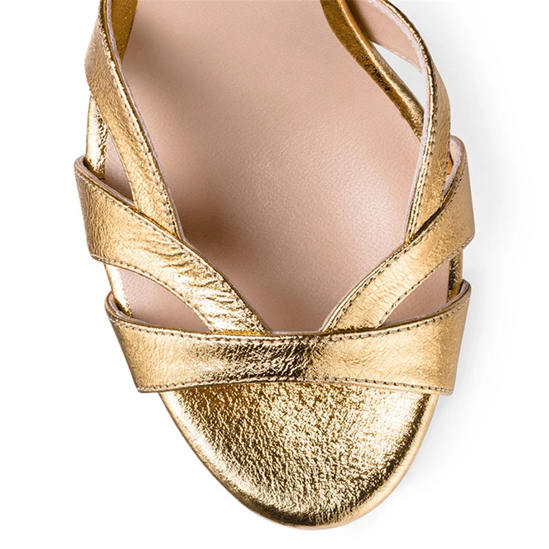 

Drestrive Big Size Tailored Women Sandals Platform Buckle Round Toe Gold Handmade Fish Mouth Summer Thick High Heel Shoes Woman