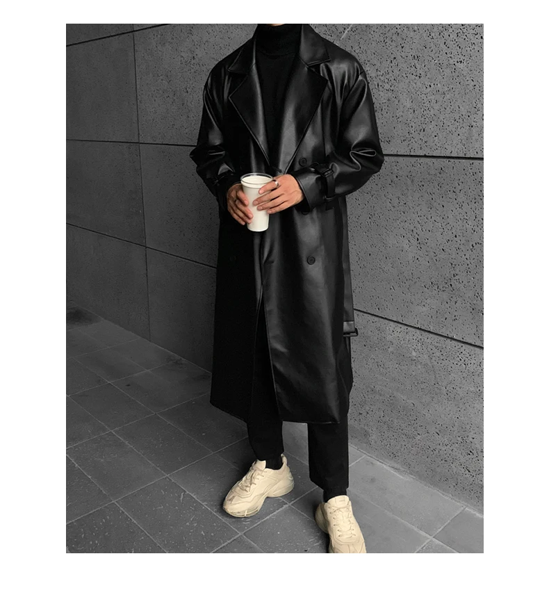 

DIMI Spring long black oversized leather trench coat men drop shoulder long sleeve belt Faux leathe coats for men