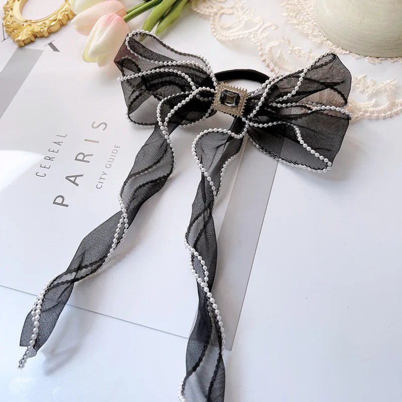 

2021 New Fairy Bowknot Rhinestone Streamer Hair Ties Imitation Pearl Hair Ring Girl Headdress for Women Fashion Hair Accessories