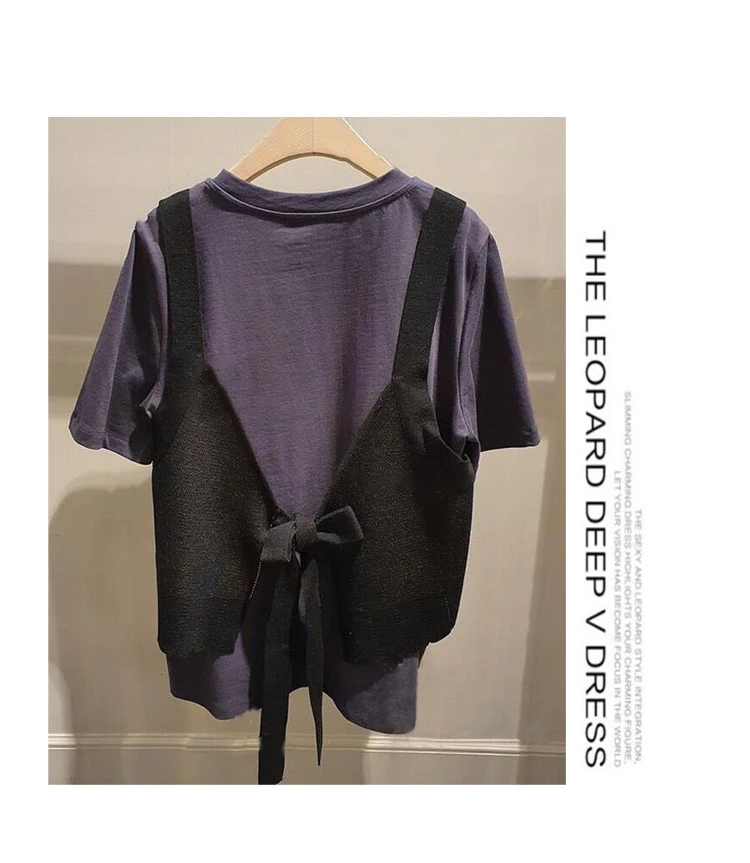 

2021 Spring Women New Solid Color Short Sleeve T-shirt Round Neck Stitching with Black Tank Top Nature Print Top Two Pieces