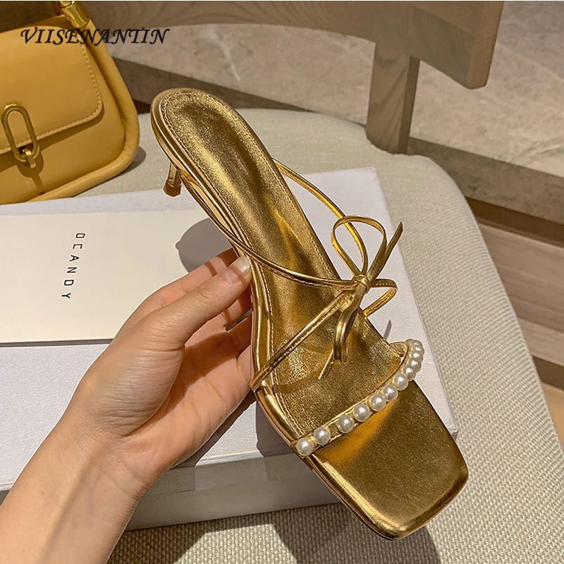 

Summer pearl square toe open toe stiletto slippers French elegant golden bow sandals and slippers women