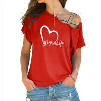 heart momlife print woment shirt new summer cotton short sleeve woman irregular skew cross tops camisetas mujer