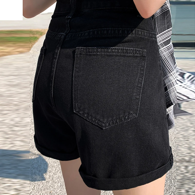 

2021 New Summer Women High Waist Button Wigh Leg Jeans Shorts Casual Female Loose Fit Blue Denim Shorts Dropshipping