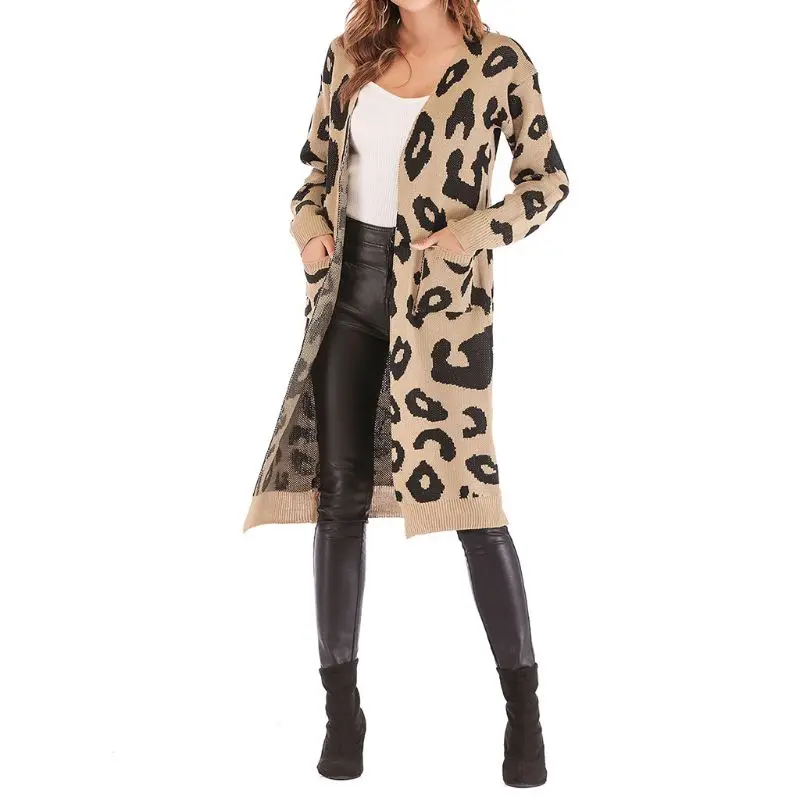 

Women Autumn Long Sleeve Loose Sweater Leopard Print Knitted Cardigan Open Front Warm Outwear Coat Streetwear with Pockets