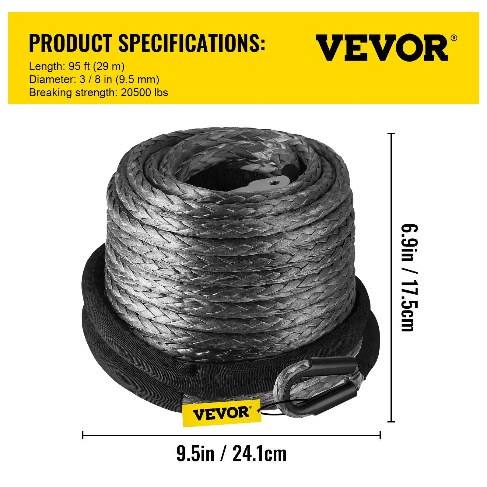

VEVOR Winch Rope UHMWPE Synthetic 10MM X 29M Line Max 20500 LBS Strength With Protective Sleeve Car ATV SUV ORV Towing Rope Line