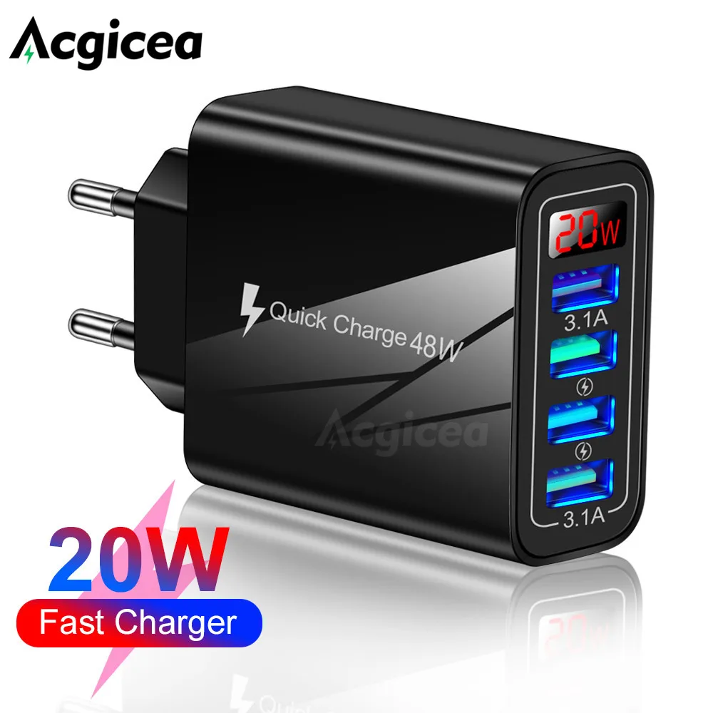 

Acgicea Digital Display USB Charger Quick charge 3.0 4 Ports Wall Phone Charger for iPhone Xiaomi Samsung Huawei Fast Charging
