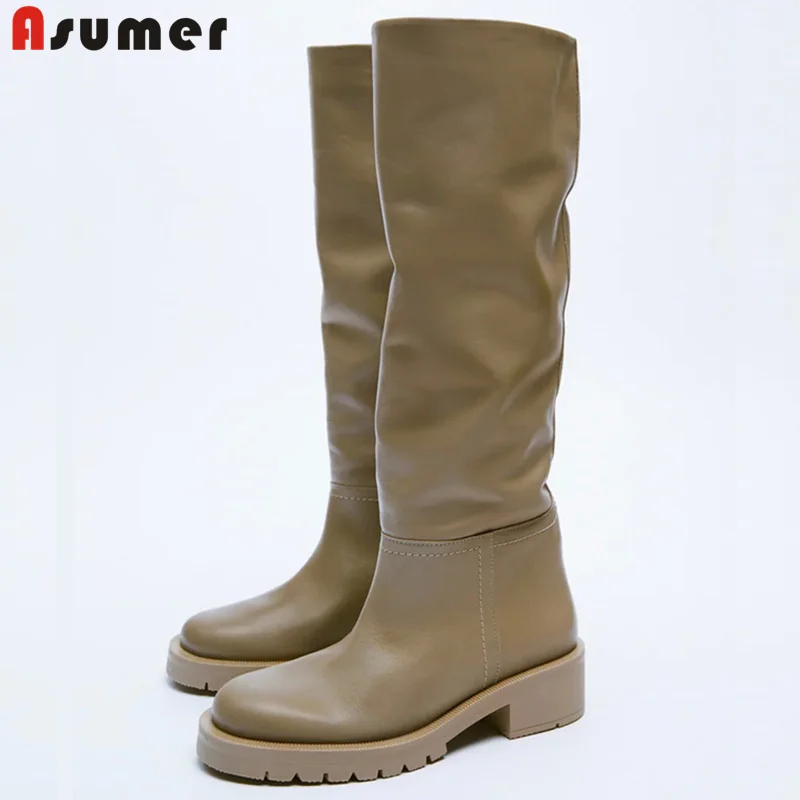 Женские сапоги без застежки ASUMER из натуральной кожи до колена на плоской подошве