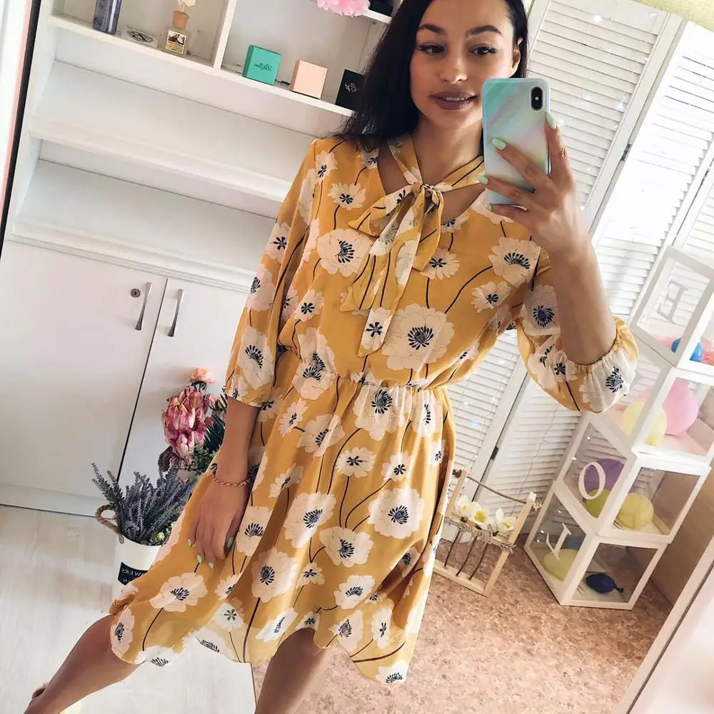 2020 spring and summer new European American women's tie sexy print dress fashion comfortable women Clothes | Женская одежда