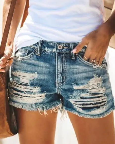 

Explosions summer ladies blue casual loose jeans shorts with holes and tassels street hot pants