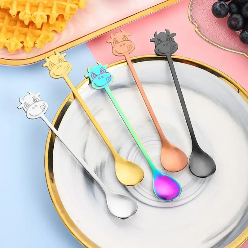 

5 Colors Titanium Plated Cartoon Ox Head Spoon Stainless Steel Stirring Coffee Spoon Ice Cream Dessert Spoon Mug Gift Spoon Sale