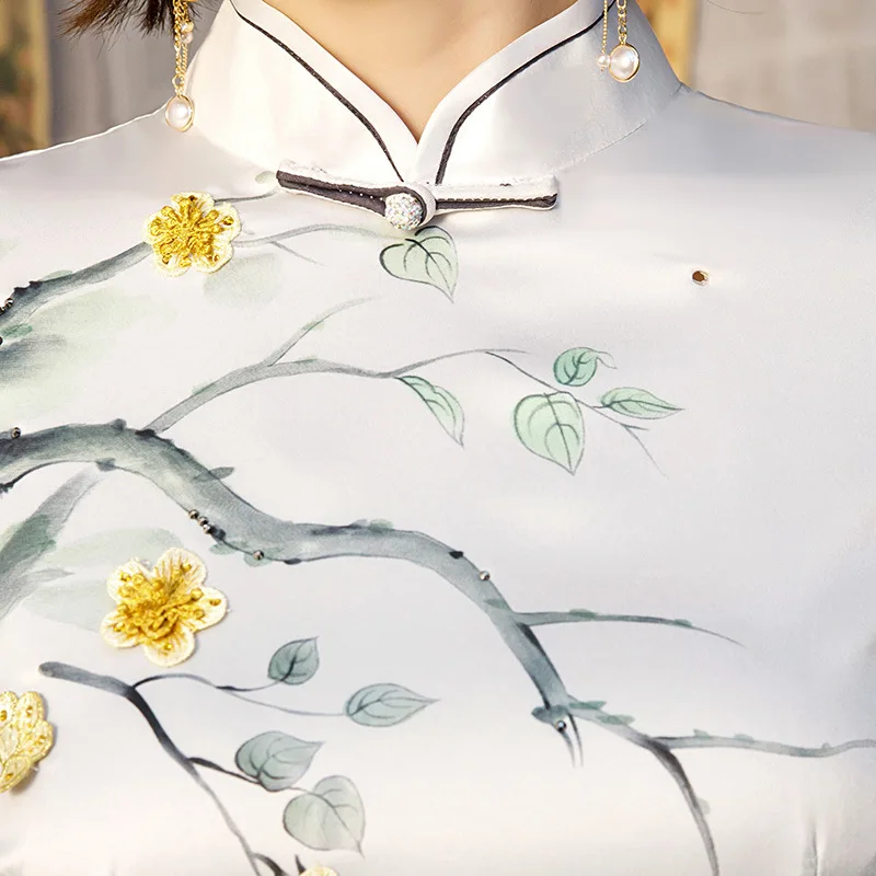 Sheng Coco градиент китайский Cheongsam короткие женские новые 3D Цветы Печать китайское платье Ципао Восточный стиль шелк Qi Pao