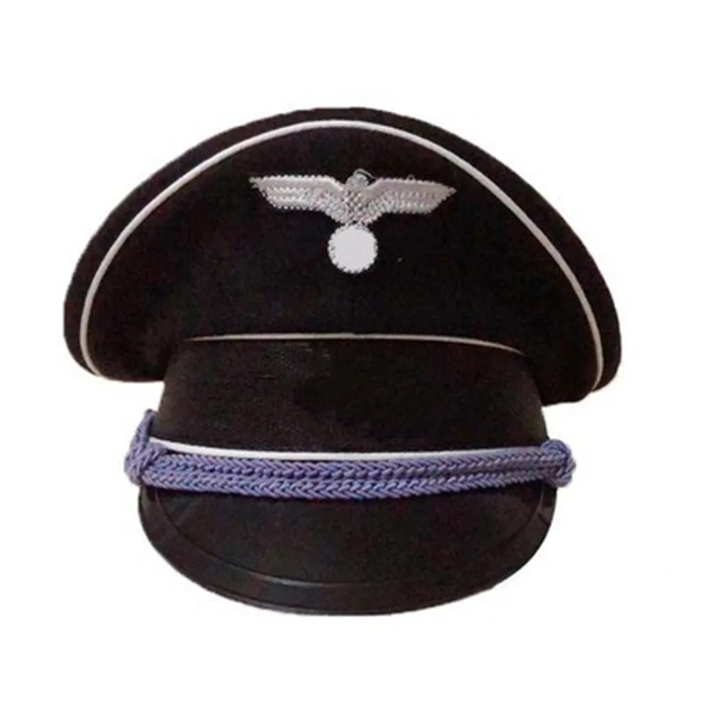 

WWII German Elite Officer Black Wool Cap Noble Revisit The Classic General Visor Hat With Purple Rope Cord For Cosplay Party
