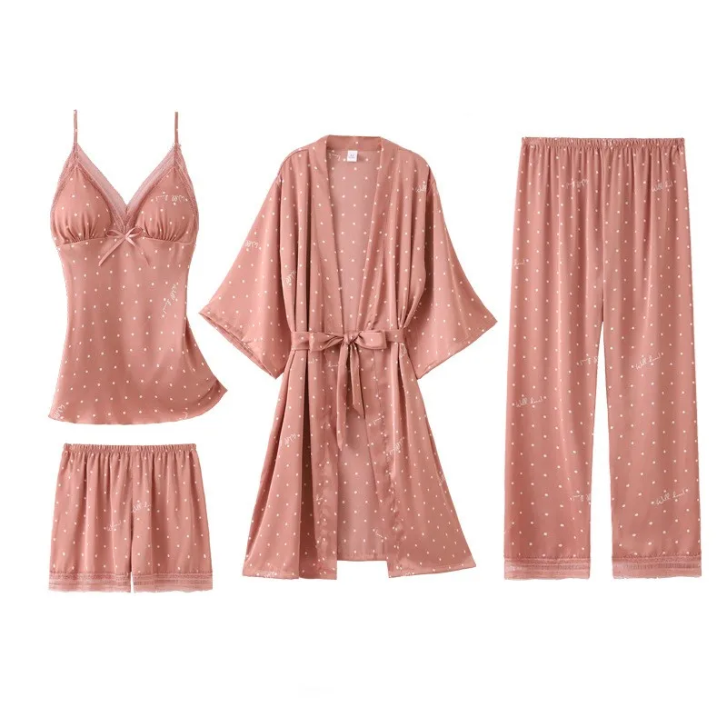 

Lace 4PCS Sleepwear Sets Women Pajamas Sleep Suit Femme Summer Pjs Pyjamas Sexy Ice Silk Satin Kimono Robe Gown Home Outfits