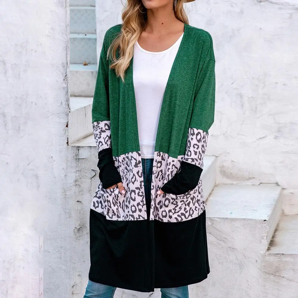 

Knitted Cardigan Leopard Stitching Coat For Spring Autumn Early Autumn Simple Collarless Casual Long Knitted Cardigan