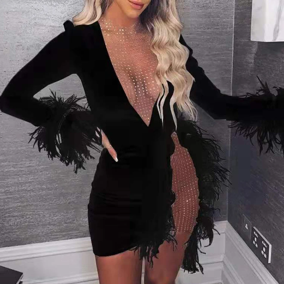 

High-Quality Women'S Spring 2021 Sexy Long-Sleeved Feather Diamond Mesh Patchwork Bandage Dress Bodycon Club Party Dress Vestido
