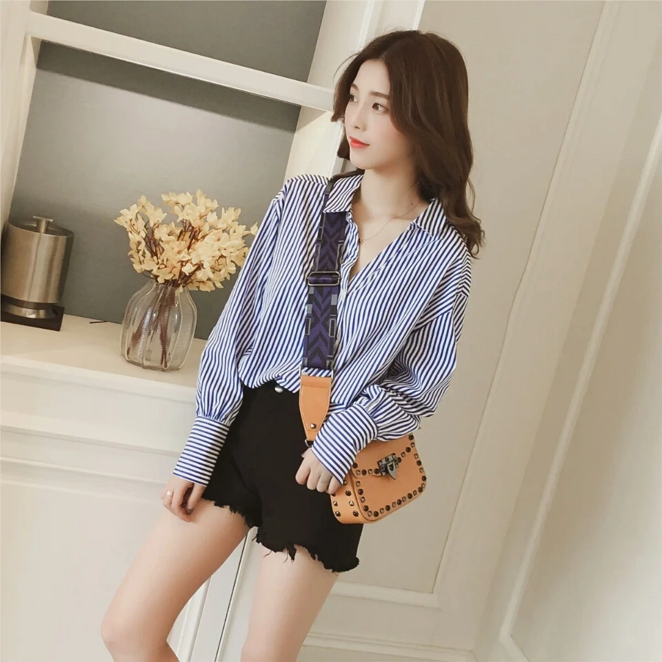 

Houthion New Stripe Women's Blouses Long Sleeve Top Summer Fashion Casual Korean Retro Blouse Breasted Woman Shirt
