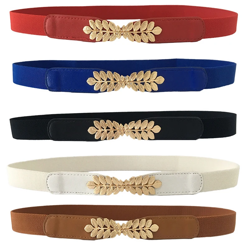 

Women belt Elastic Waistband Thin Stretch Wrap Buckle Waist Belt Elegant Cummerbunds Fashion Leaf Belt for Dress Accessories