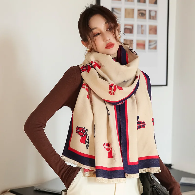 

Horse pattern Winter Cashmere Scarf Women Scarves And Shawls Wraps Warm Thick Blanket Bufanda Pashmina Hijab Echarpe 2021