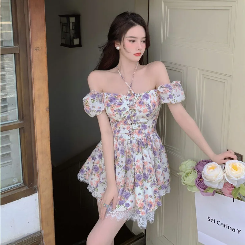 

2021 Sexy Design Short Sleeve Chic Fairy Dress Vintage Floral Dress Women Summer Party Strapless Elegant Sweet Mini Dress Female