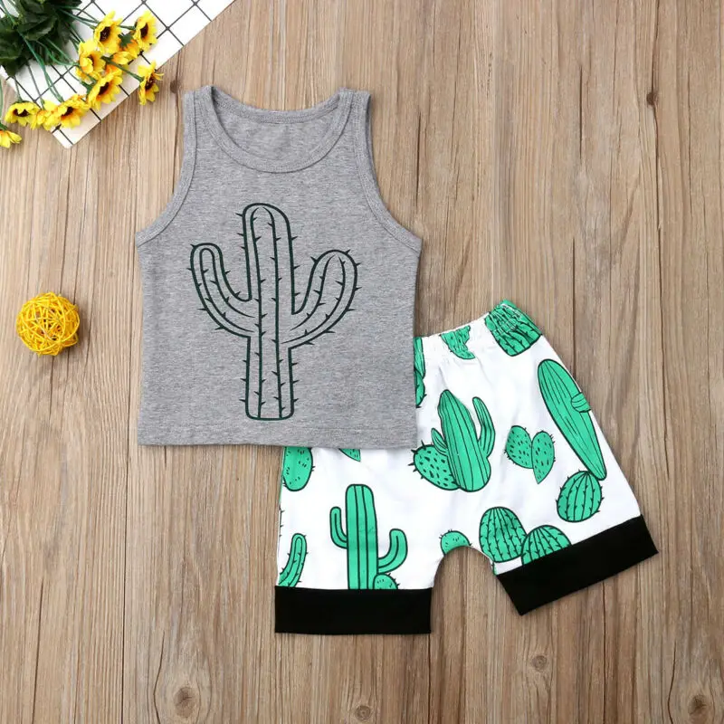 2PCS Baby Boy Summer Clothes for Toddler Newborn Kids Boys Cactus Sleeveless Tops T-Shirt Shorts Outfit Sunsuit |