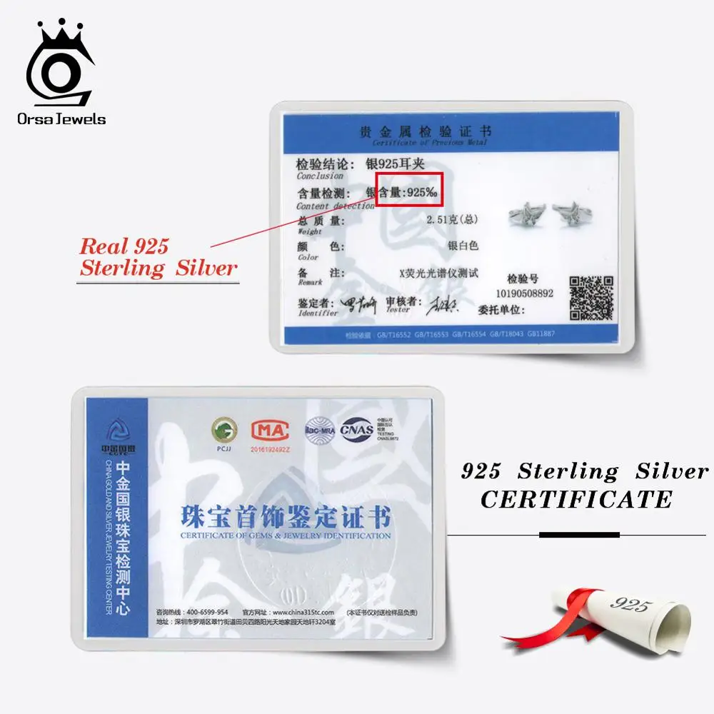 

ORSA JEWELS Pure 925 Butterfly Ear Clip AAAA Clear CZ Sterling Silver Prevent Allergy Earrings Cute Animal Fine Jewelry ASE156