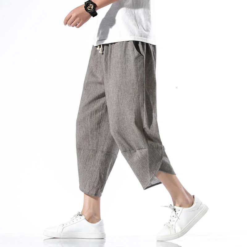 

MrGB Chinese Style Summer Ice Silk Casual Pants Cotton Linen Harem Pants Solid Color Loose Wide Leg Calf-Length Retro Trousers