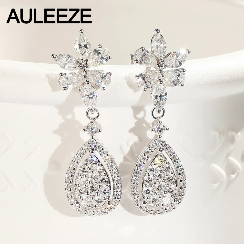 AULEEZE Роскошные 14 К белого золота Груша Cut DF цвет Moissanite цветок Форма висячие серьги с акцентами для женщин юбилейные подарки