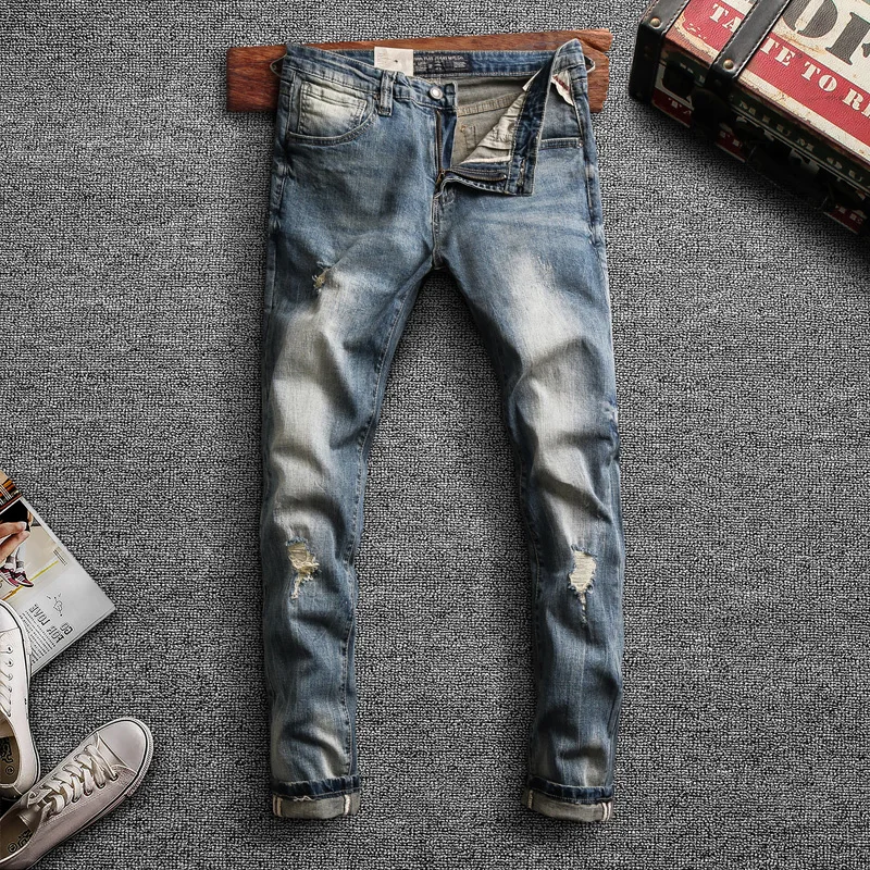 

Italian Style Fashion Men Jeans Retro Blue Elastic Slim Fit Ripped Denim Pants Classical Vintage Designer Cotton Long Trousers