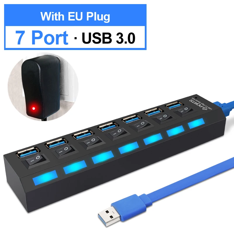 USB 3,0 концентратор 2,0 концентратор Мульти USB разветвитель 4/7 порт расширитель несколько USB 3 Hab с адаптером питания USB3.0 концентратор с переключателем для ПК - Цвет: USB3.0 7Port with EU