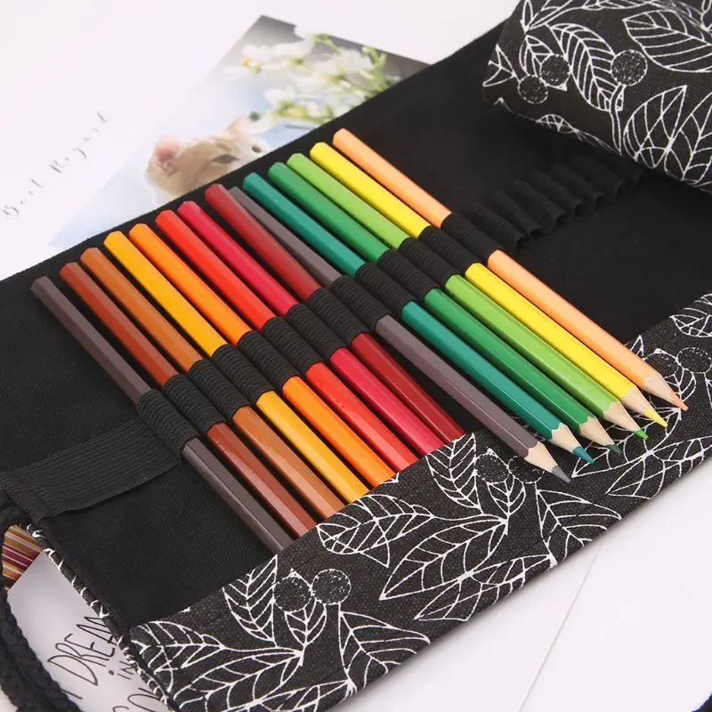 Beautiful Leaf School Pencil Case Roller 12/24/36/48/72 Holes Canvas Roll Up Makeup Pen Bag For Girls Boys Stationery | Канцтовары для