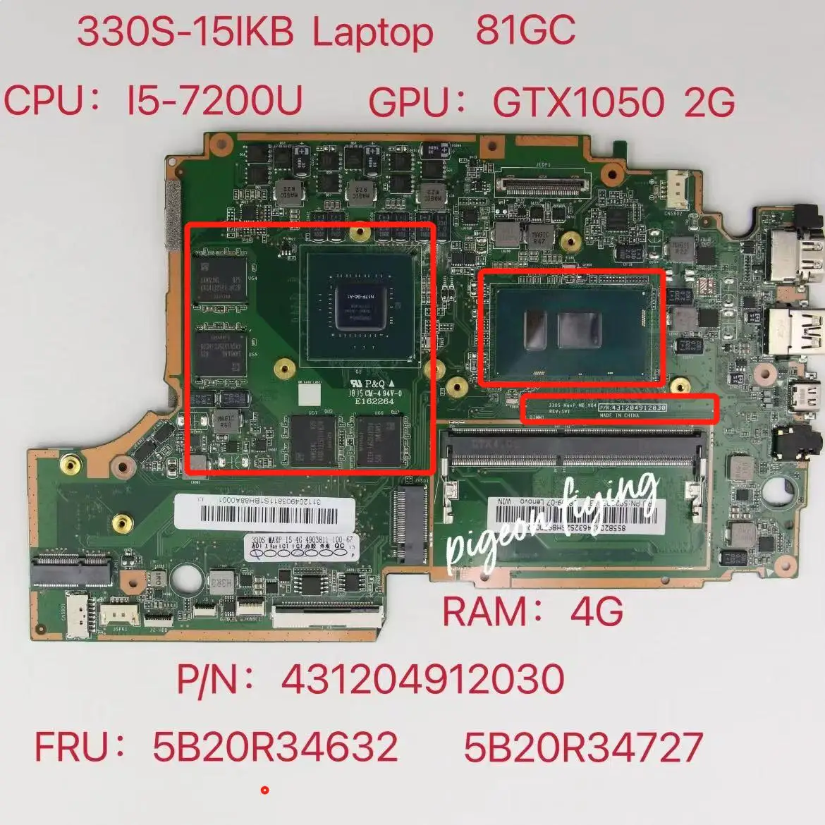 

for Lenovo Ideapad 330S-15IKB Mainboard Motherboard MB 81GC CPU:I5-7200U GPU:GTX1050 2G RAM:4G FRU:5B20R34727 5B20R34632