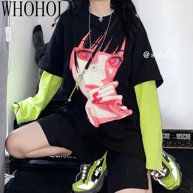 

Long Sleeve T-shirts Women Fake Two-piece Autumn Clothing Women's Top Harajuku BF Gothic Punk Cartoon Girl Print Tshirts Unisex